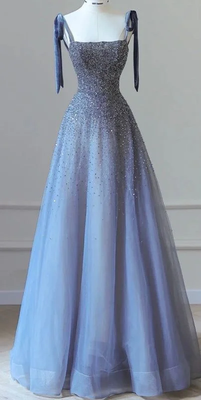 flowy maxi dressLuxurious Spaghetti-Strap Tulle Beaded A-Line Prom Dress Blue Sparkly Evening Dress Ball Gown Y7628