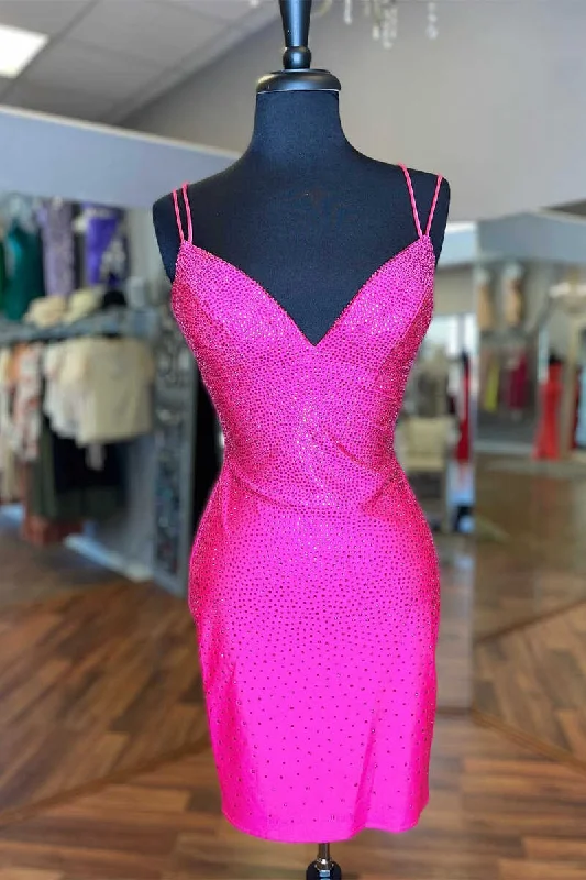 chic shift dressHot Pink Beaded Lace-Up Bodycon Mini Homecoming Dress