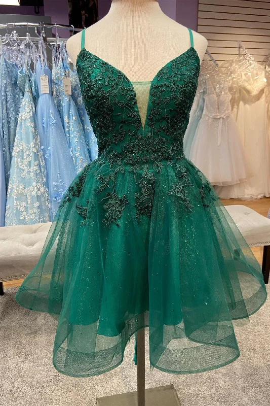 layered dressHunter Green Plunging V Neck Straps Appliques Tulle Homecoming Dress