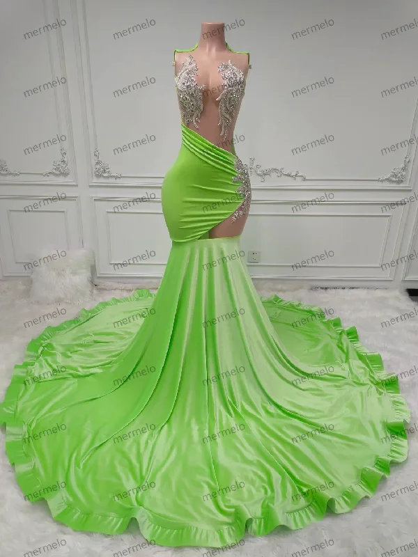 flowy maxi dressGreen Long Prom Dresses For Black Girls Mermaid Sheer Crystals American African Evening Gown Birthday Party Robe Customized