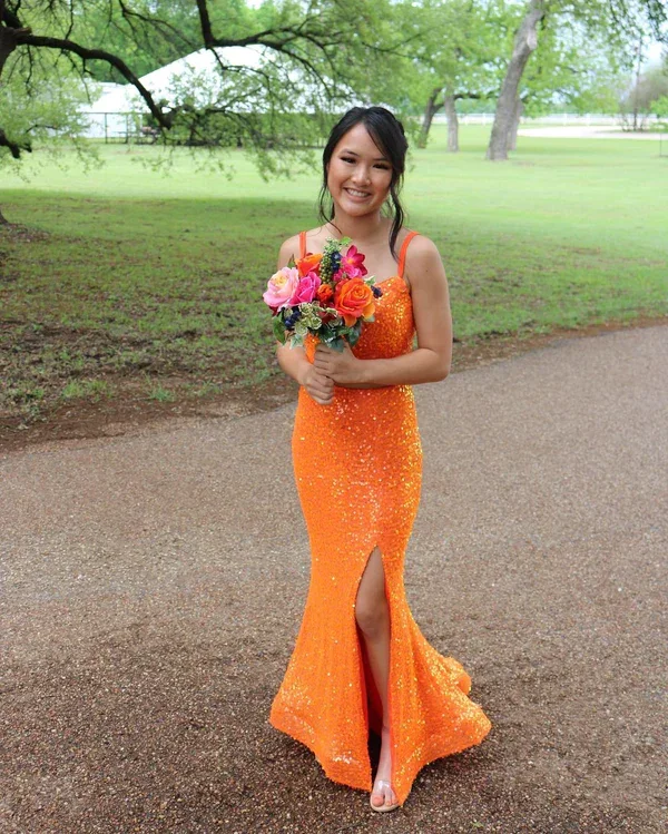 Price Reduction structured dressElegant Mermaid Orange Sequins Long Prom Dress Formal Evening Dresses