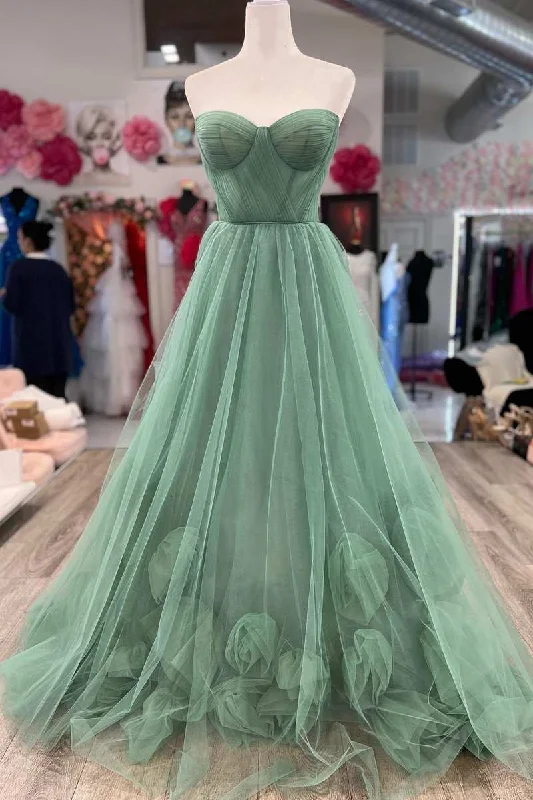 t-shirt dressGreen Strapless A-Line Long Prom Dress with 3D Flowers