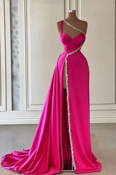 casual evening dressGorgeous One Shoulder Satin Beaded Long Prom Dress Slit Evening Dress Y7692