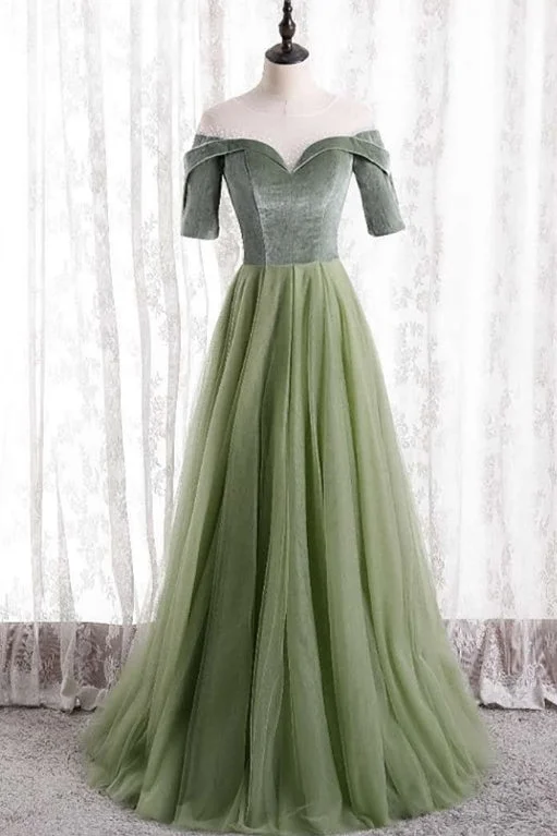 trendy dressShort Sleeves Sage Green Long Formal Dress