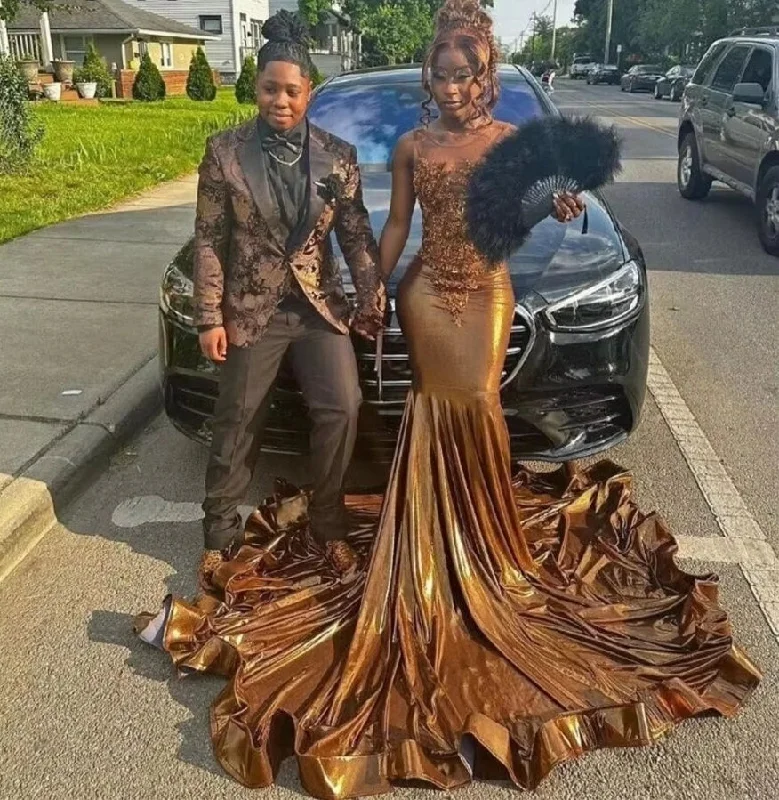 formal dressBrown Satin Mermaid Prom Dress For Black Girl Glitter Diamond Crystal Birthday Reception Gown