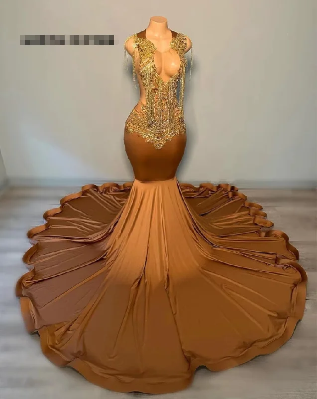 satin dressCoco Brown Mermaid Gold Rhinestones Prom Dresses For Party Wedding Evening Beaded Formal Dress V Neck Party Gowns Elegant robe