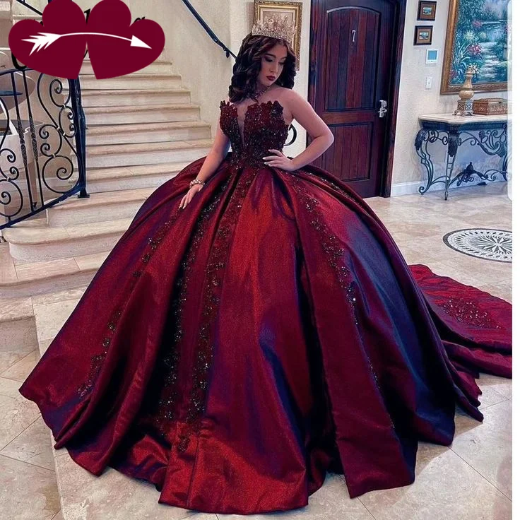 structured dressGorgeous Burgundy Appliques Beaded Ball Gown A Line Quinceanera Dress Y7680