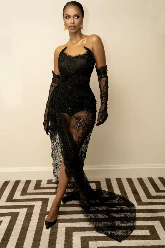 Must-Have Deals classic fit-and-flare dressEye Catching See Thru Black Lace Asymmetrical Long Maxi Gowns Strapless Corset Sexy Evening Dresses With Train No Gloves