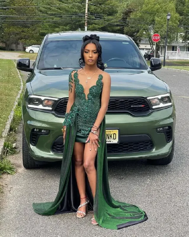 boho-chic dressEmerald Green Short Prom Homecoming Dresses with Overskirt Sparkly Diamond Black Girl Birthday Gown vestidos de graduación