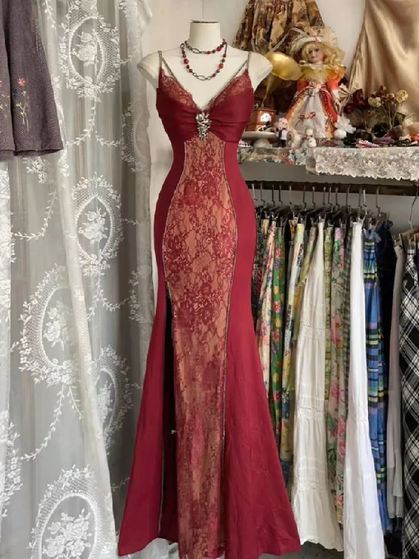 cocktail dressCharming Burgundy Lace Mermaid Evening Dress Straps Prom Dress Y7685