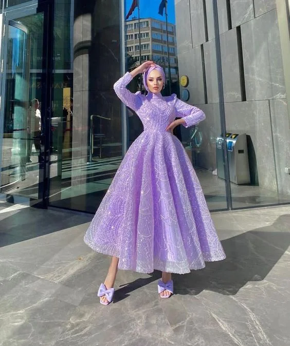 New Arrival off-shoulder dressModest Purple A-line Prom Dress,Muslim Dress Y7005
