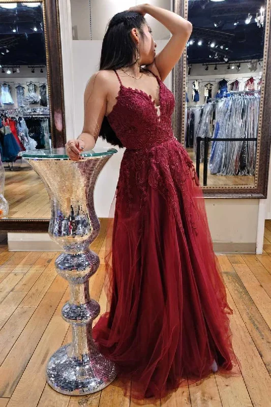 evening dressWine Red Lace Plunge V Lace-Up A-Line Prom Dress