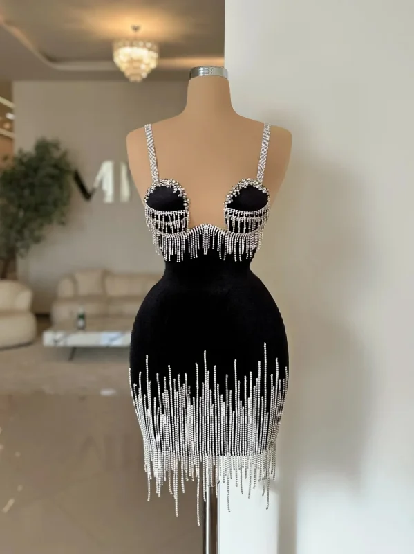 sophisticated dressBlack Velvet Evening Dress Party Birthday Crystals Tassel Bride Robe Mini Sheath Bridal Dresses Vestidos De Novia