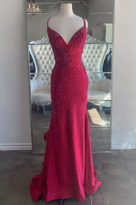 luxury dressGorgeous Mermaid Red Lace Up Back Long Formal Dress