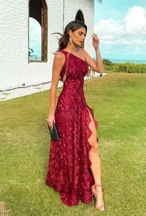 vintage-inspired dressElegant One Shoulder Red Lace Prom Evening Dresses with Slit Y5293