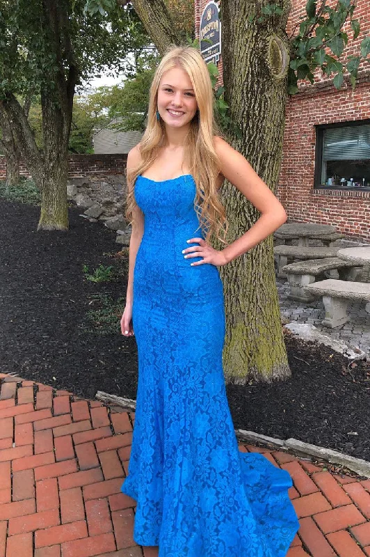 Bargain Prices lace dressElegant Straps Blue Long Lace Prom Dress with Train