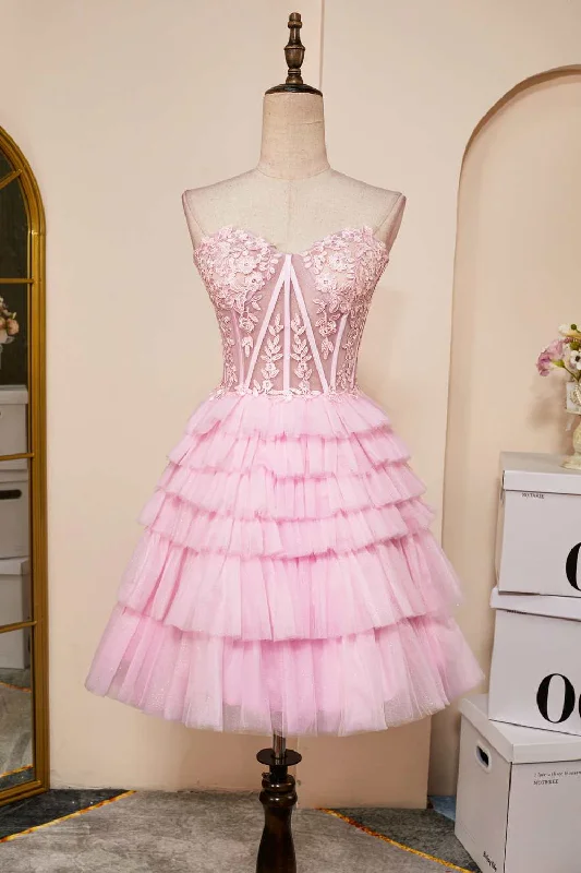 elegant evening dressPink Tulle Strapless A-line Multi-Layers Appliques Homecoming Dress