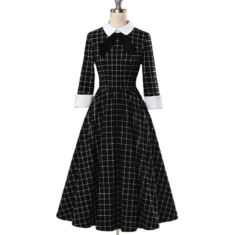 Best Seller trendy mini dressBerriesJam - 2024 Plaid Collar Bowknot A Line Rockabilly Swing Dress
