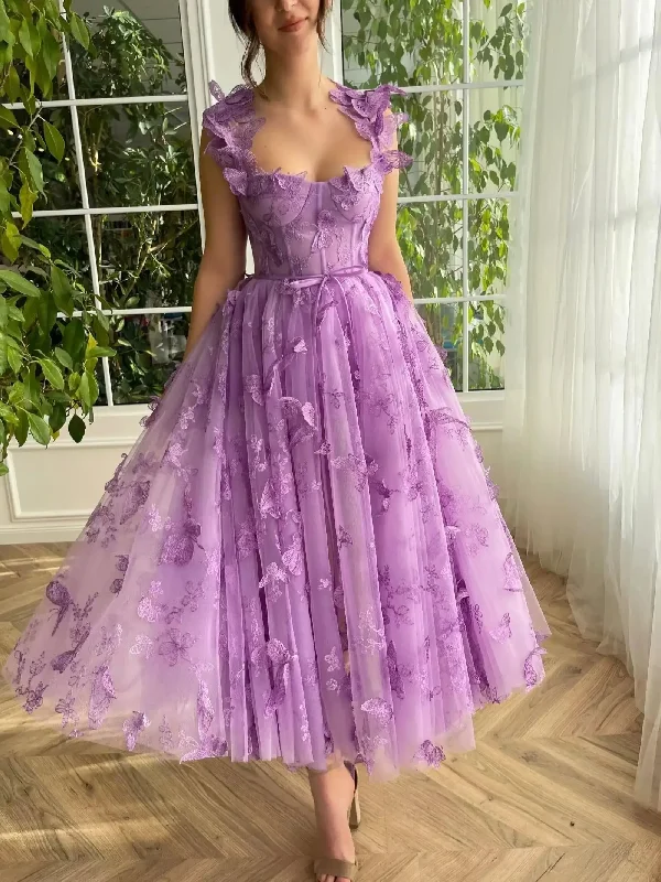 Referral Discount floral wrap dressTulle Prom Dresses 3D Butterfly Spaghetti Straps Tea Length Homecoming Dress