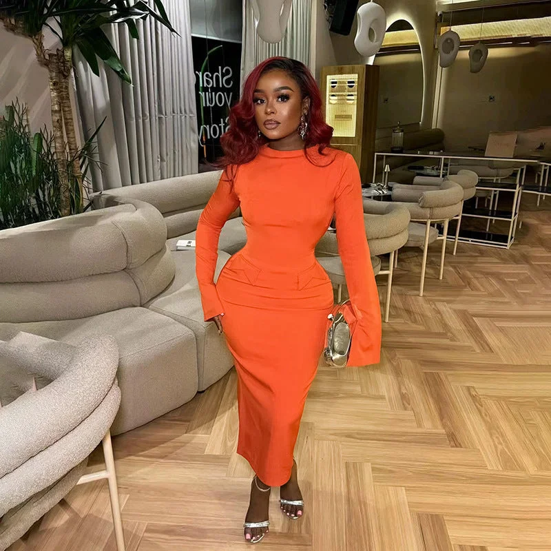Value Deals one-shoulder dressElegant Slim Fit Round-neck Flared Sleeves Dress Women