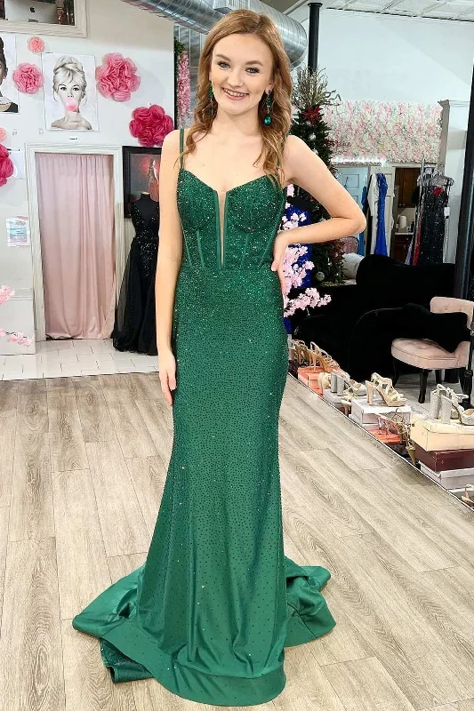 bohemian dressGreen Beaded Split Neck Mermaid Long Formal Dress