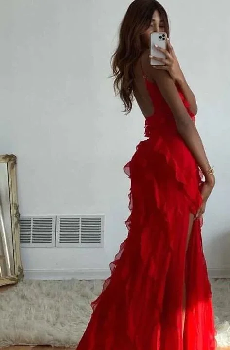 elegant shift dressRed Ruffle Long Formal Dress Elegant Evening Dresses Y6823