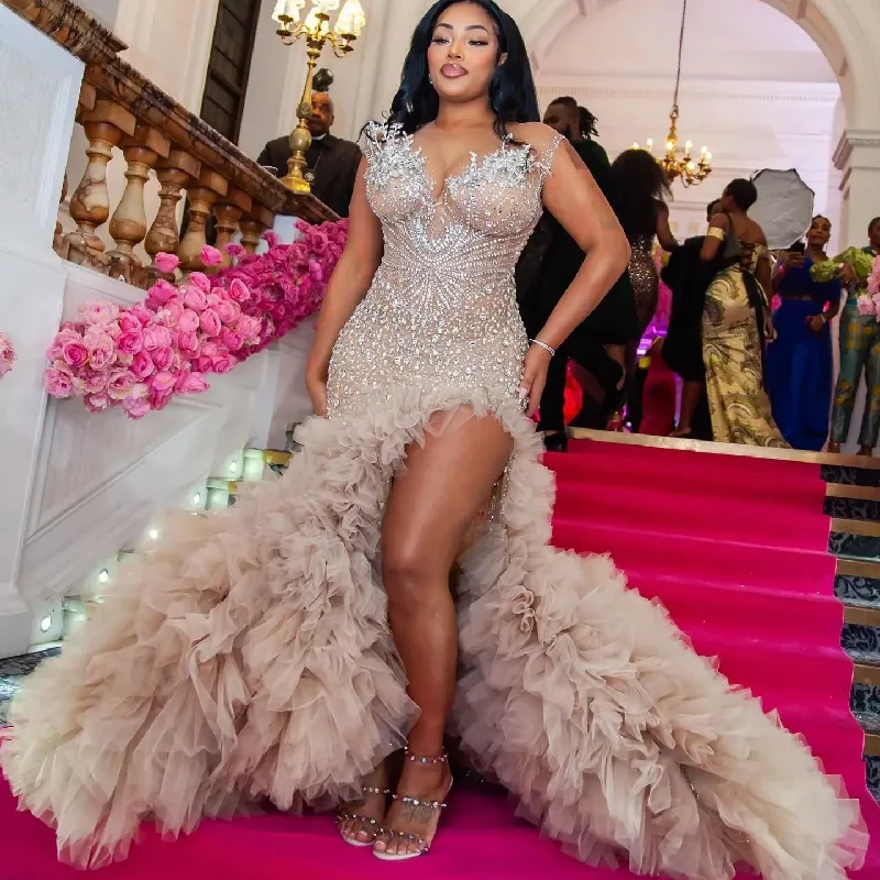 Instant Discount summer dressFabulous Beaded Asymmetrical Long Maxi Gowns Luxury Crystal African Prom Dresses With Ruffles Tulle Bottom Aso Ebi Prom Gowns