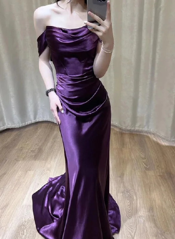 satin midi dressOff Shoulder Purple Satin Long Evening Dress Y7372