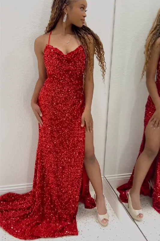 relaxed fit dressRed Sequin Mermaid Side Slit Long Formal Dress