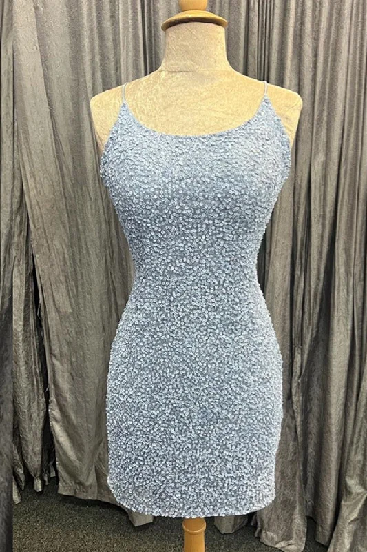 minimalistic dressLight Blue Lace-Up Sequins Sheath Homecoming Dress