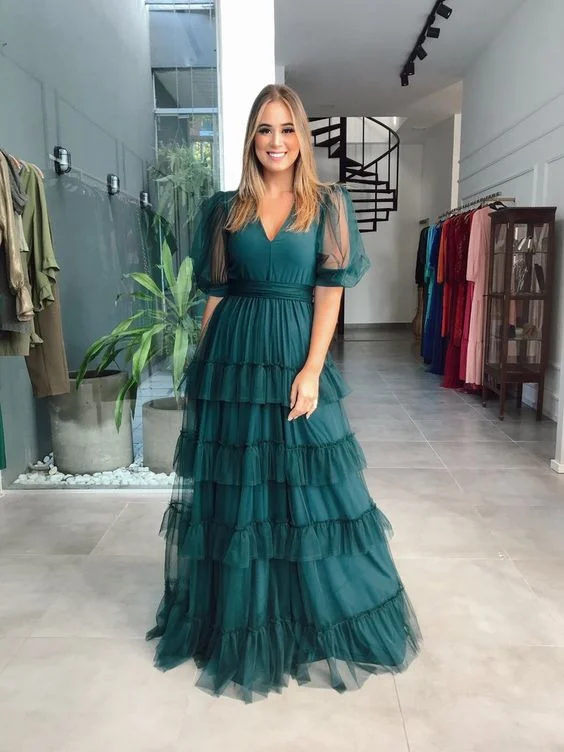 Customer Appreciation Sale sophisticated dressGreen A-line V Neck Tulle Multi-layered Prom Dress,Green Evening Dress Y6218