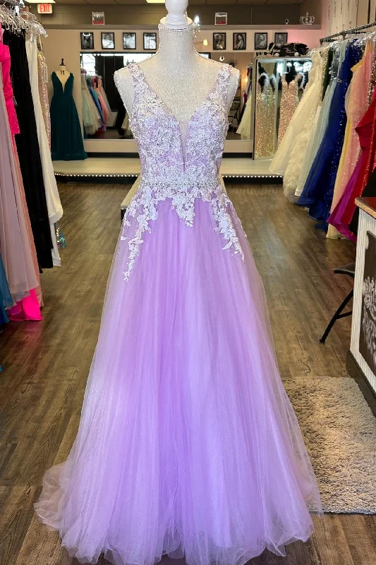 casual slip dressLilac A-line Beaded Appliques Sleeveless Plunging V Neck Tulle Long Prom Dress