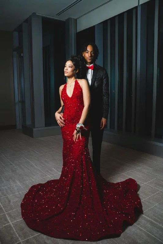 Special Offer knit dressGlitter Red Sequins Mermaid Evening Dress With Train  Y5567