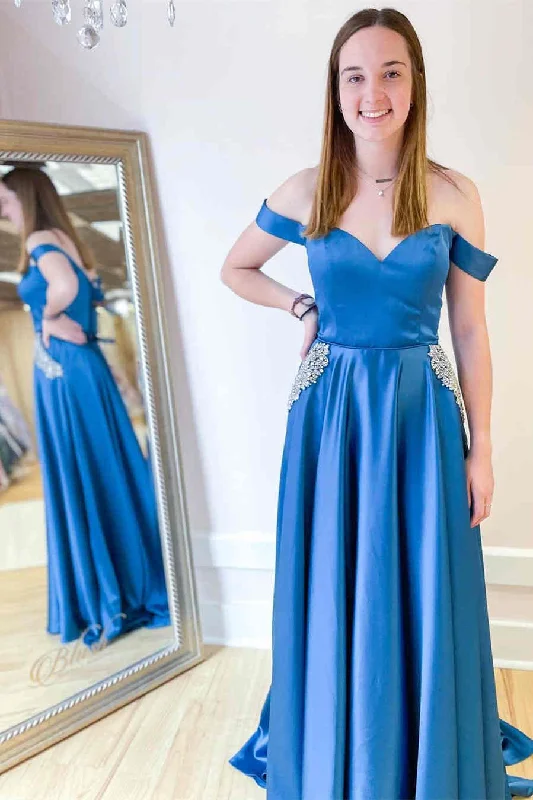 Exclusive Preview off-shoulder dressOff the Shoulder Blue Long Prom Dress with beads Exclusive Preview off-shoulder dressOff the Shoulder Blue Long Prom Dress with beads