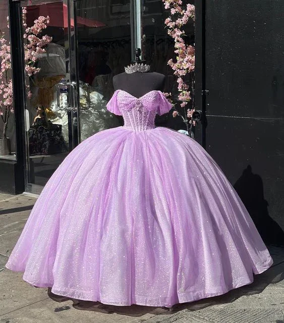 backless dressGlitter Off The Shoulder Lilac Tulle Beaded Ball Gown Quinceanera Dress  Y7463