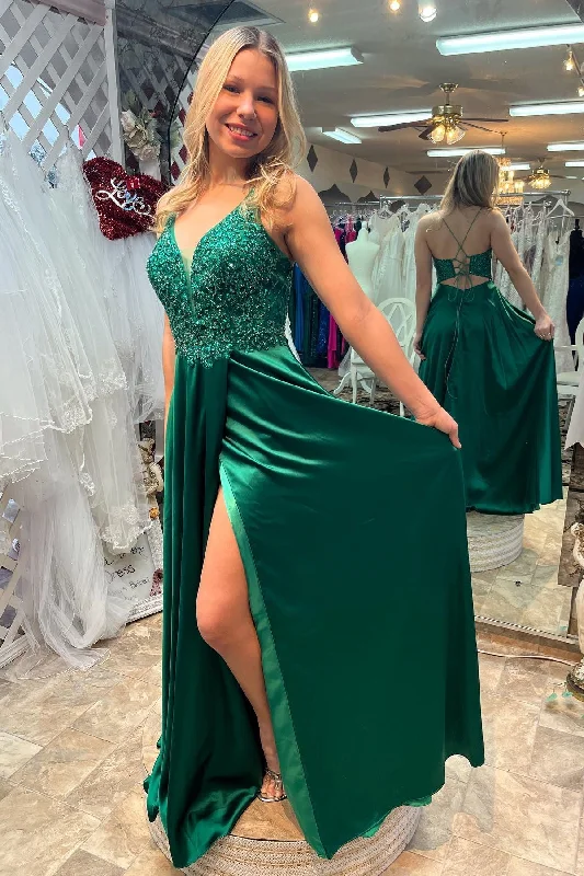 satin midi dressDark Green V Neck Lace-Up Back Beaded Appliques Long Prom Dress with Slit