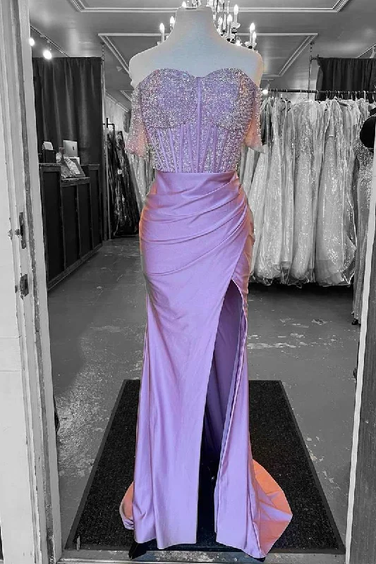 luxury dressLilac Beaded Off-the-Shoulder Long Formal Dress with Slit