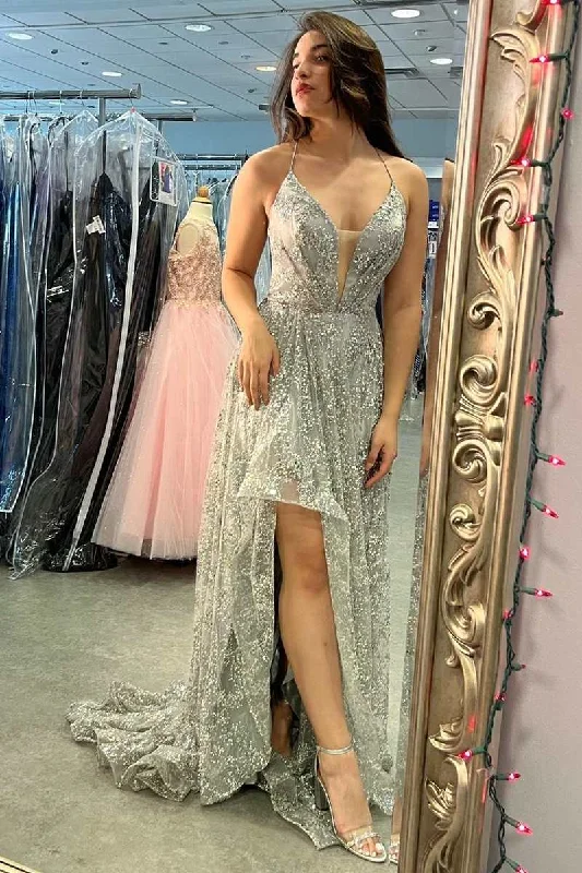 v-neck dressChampagne Lace Plunge V Long Formal Dress with Slit