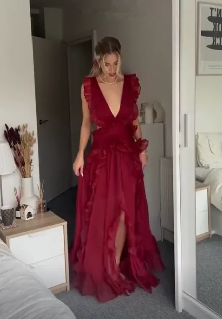 wool dressBeautiful Burgundy Chiffon Ruffles Evening Dress Slit Prom Dress Y7715