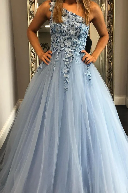 vintage dressOne Shoulder Blue A-line Long Prom Gown