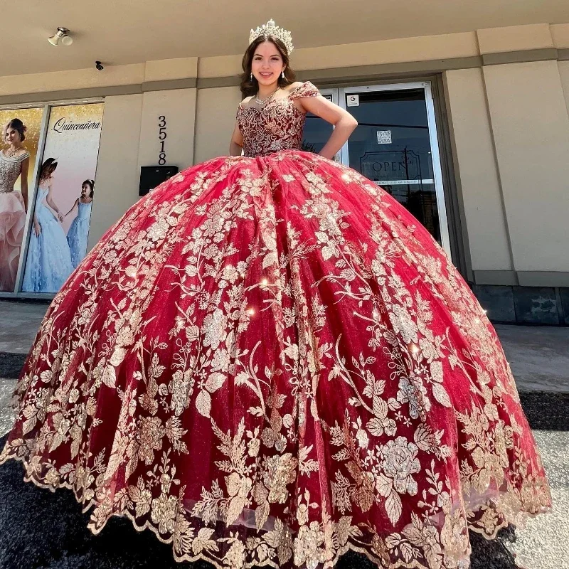 Midnight Madness formal dressRed Glitter Sequined Ball Gown Quinceanera Dresses Off The Shoulder Gold Applique Lace Corset Vestidos De 15 Años Midnight Madness formal dressRed Glitter Sequined Ball Gown Quinceanera Dresses Off The Shoulder Gold Applique Lace Corset Vestidos De 15 Años