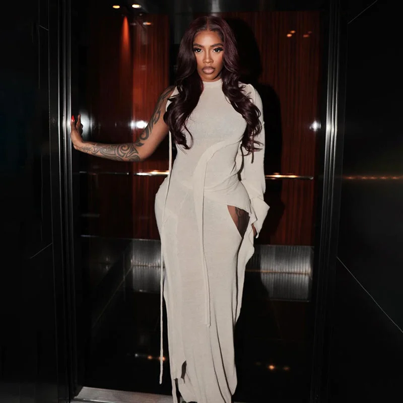 Steals and Deals casual midi dressOne-shoulder Lace-up Irregular High Waist Dress