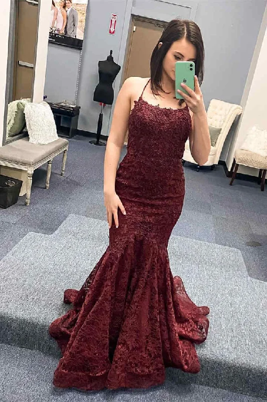Bargain Blast boho-chic dressWine Red Straps Lace Appliques Mermaid Prom Dress