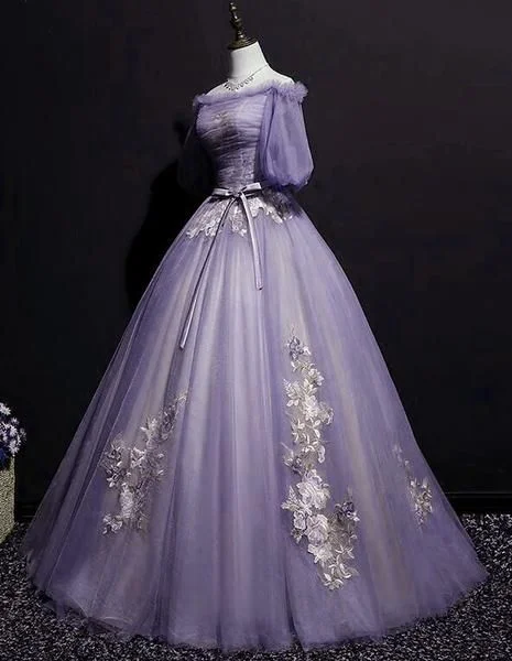 ruched dressCharming Purple Short Sleeves Tulle Puffy Long Formal Dress, Lovely Evening Dress Party Dress S26513