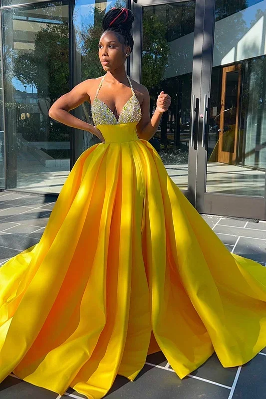 Stock Up and Save midi dressGlamorous Yellow Sequins V-Neck A-Line Prom Dress Sleeveless With Split Stock Up and Save midi dressGlamorous Yellow Sequins V-Neck A-Line Prom Dress Sleeveless With Split
