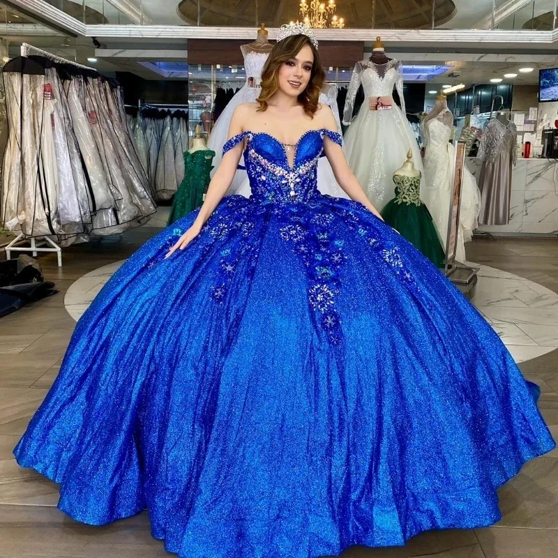 shift dressBlue Glitter Crystal Sequined Ball Gown Quinceanera Dresses Off The Shoulder Applique Lace Beading Corset Vestidos De 15 Anos 20