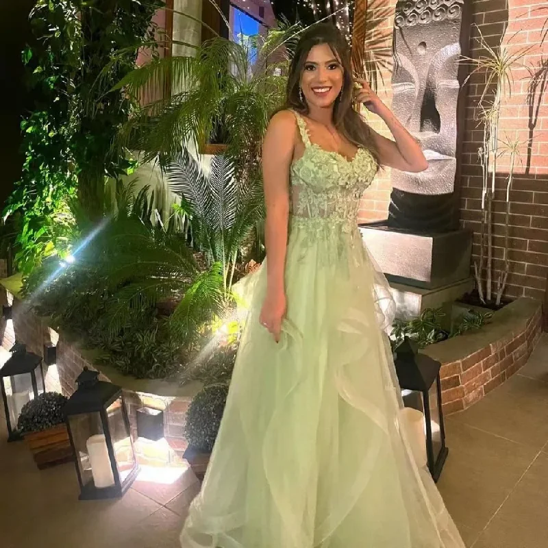 Hurry In puff sleeve dressWedding Party Dress Applique Tulle Prom Dresses Green Sleeveless A-Line Floor-Length Elegant Party Dresses For Women Hurry In puff sleeve dressWedding Party Dress Applique Tulle Prom Dresses Green Sleeveless A-Line Floor-Length Elegant Party Dresses For Women