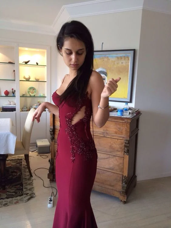 Price Drop floral midi dressSexy Burgundy Mermaid Prom Dresses,Evening Dress Y5603
