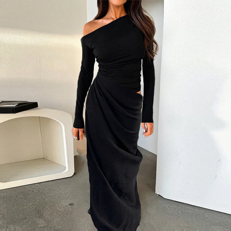 TIME-Limited Offer elegant maxi dressSlim-fit Slant Shoulder Hollow-out Pleated Dress Women TIME-Limited Offer elegant maxi dressSlim-fit Slant Shoulder Hollow-out Pleated Dress Women