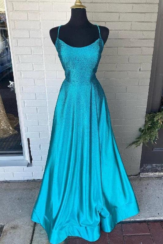 bodycon dressSpaghetti Straps Beaded Teal Blue A-line Long Formal Dress